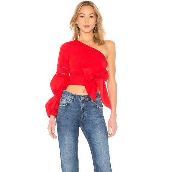 Revolve Tularosa One Shoulder Asymmetrical Cropped Bow Red Lola Blouse - Size XS - Picture 4 of 7